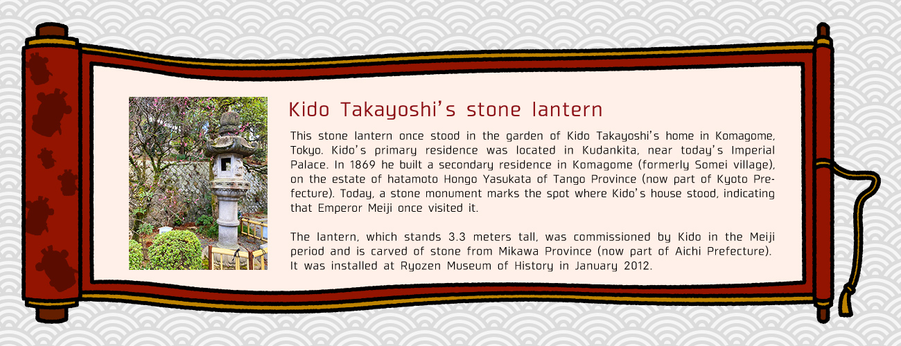 Kido Takayoshi’s stone lantern: This stone lantern once stood in the garden of Kido Takayoshi’s home in Komagome, Tokyo. Kido’s primary residence was located in Kudankita, near today’s Imperial Palace. In 1869 he built a secondary residence in Komagome (formerly Somei village), on the estate of hatamoto Hongo Yasukata of Tango Province (now part of Kyoto Prefecture). Today, a stone monument marks the spot where Kido’s house stood, indicating that Emperor Meiji once visited it. The lantern, which stands 3.3 meters tall, was commissioned by Kido in the Meiji period and is carved of stone from Mikawa Province (now part of Aichi Prefecture). It was installed at Ryozen Museum of History in January 2012.